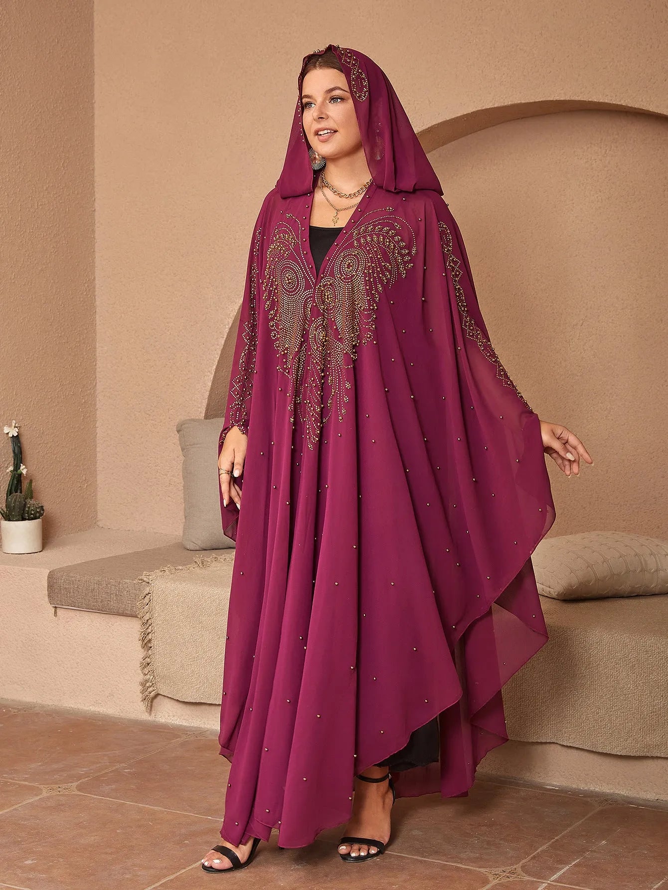 Long purple chiffon shawl with rhinestone beading, draped to show length and detail.