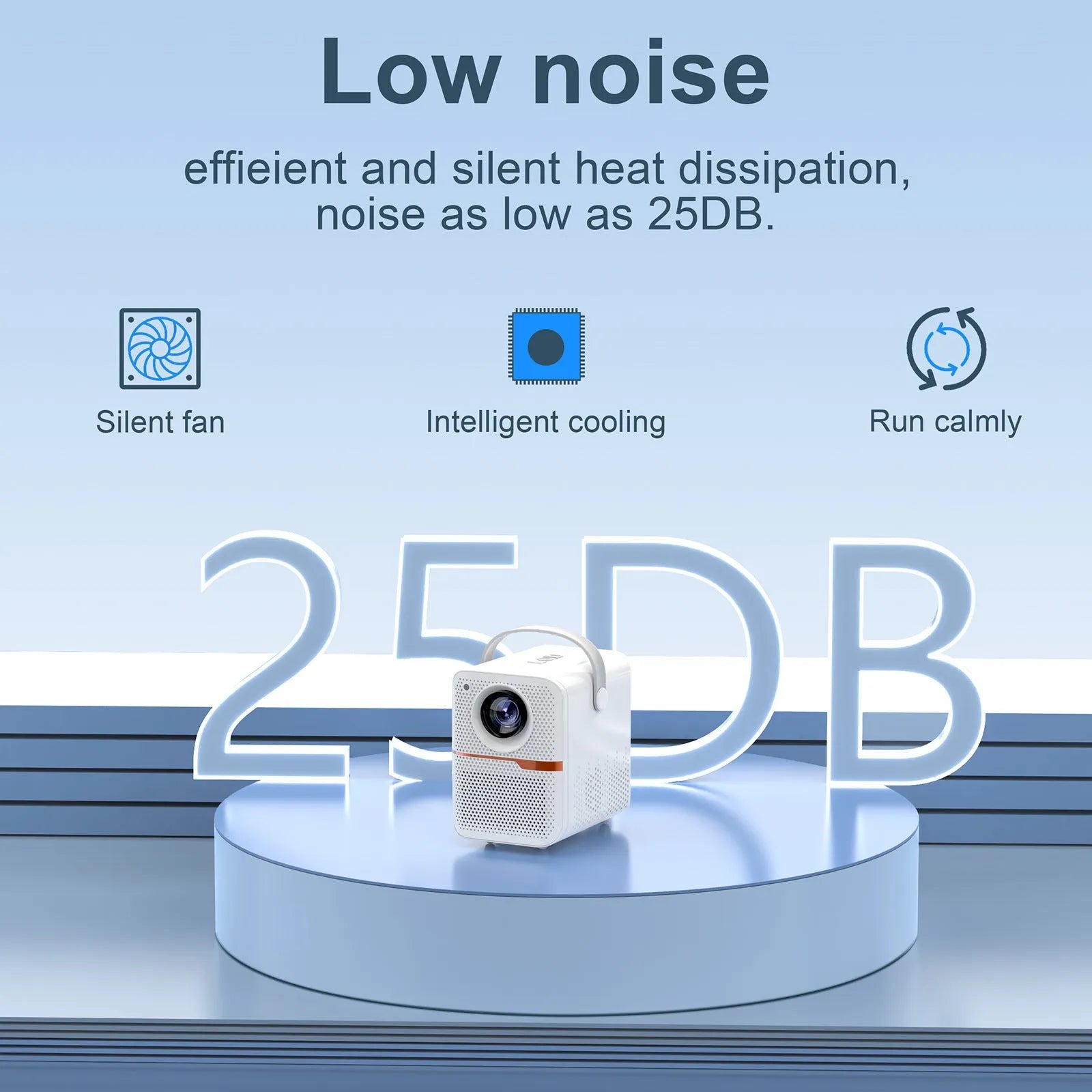 Black portable Android projector displaying 720p HD content with UK plug specification