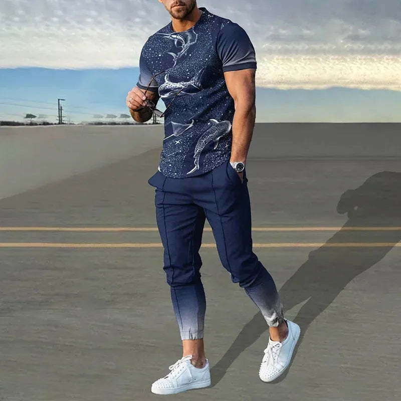 Men's thin short-sleeve printed pullover and matching trousers tracksuit set on a hanger.