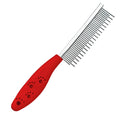 Red pet grooming comb with stainless steel long and short teeth and a plastic anti-slip handle