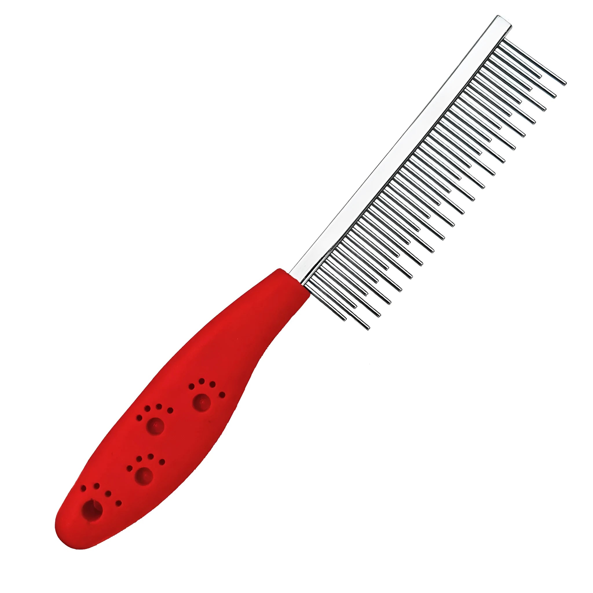 Red pet grooming comb with stainless steel long and short teeth and a plastic anti-slip handle