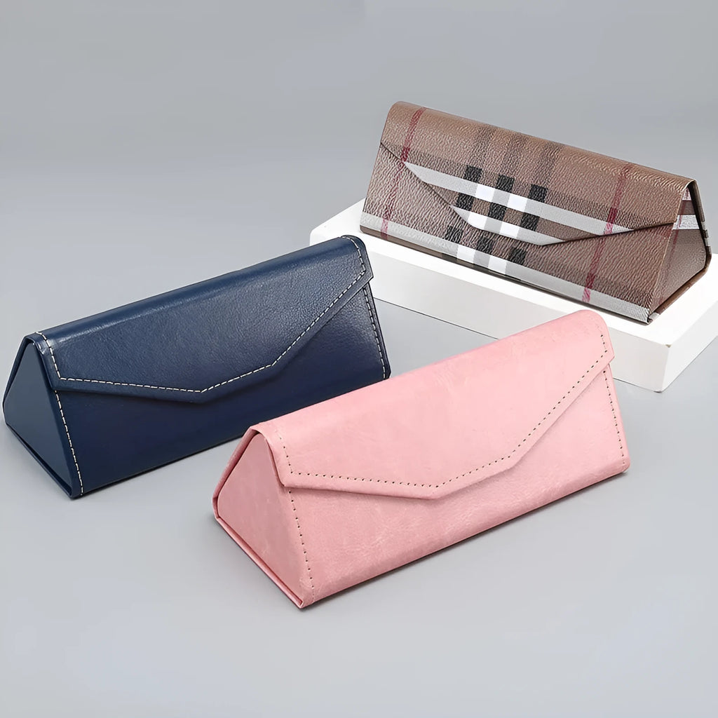 Handmade PU cowhide glasses case in triangle folding design with compression-resistant construction