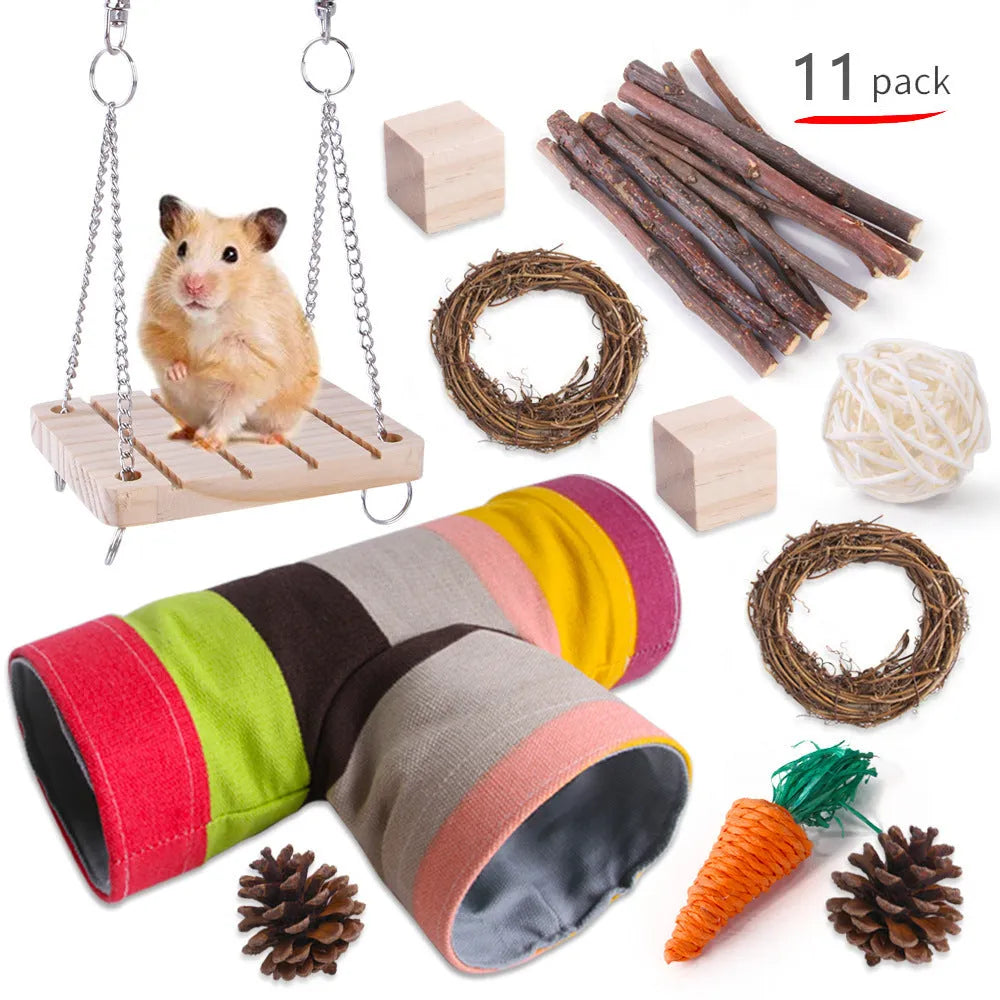 Assortment of natural wooden and woven grass chew toys for small pets like rabbits and guinea pigs