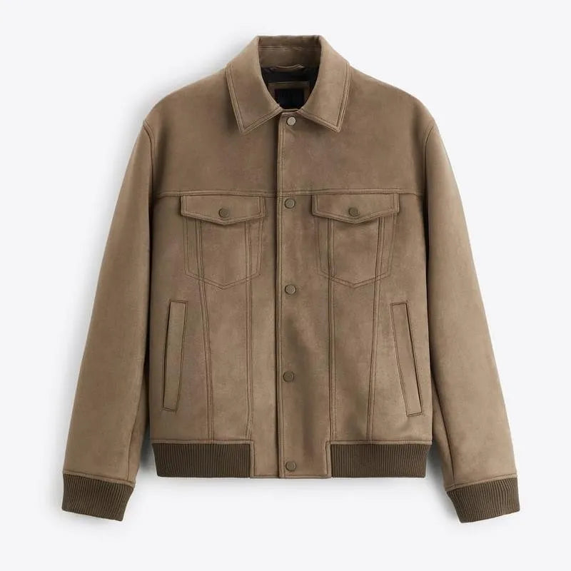 British style long sleeve suede velvet jacket in mink colour on a hanger.