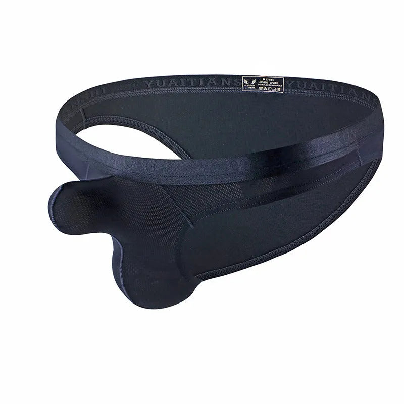 Men's thin solid colour low-waist underwear in breathable nylon fabric.