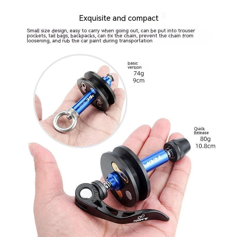 Aluminum alloy bicycle chain holder and stopper tool for maintenance and washing.