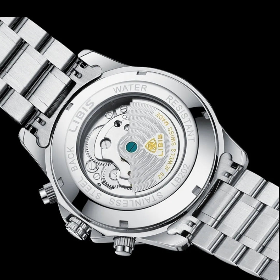 Men's silver stainless steel automatic perpetual calendar watch with sapphire crystal glass