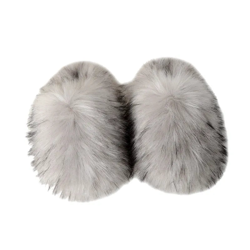 Woolen slippers with plush upper, artificial wool lining, toe-covering shape, and non-slip sewn composite sole for winter home wear