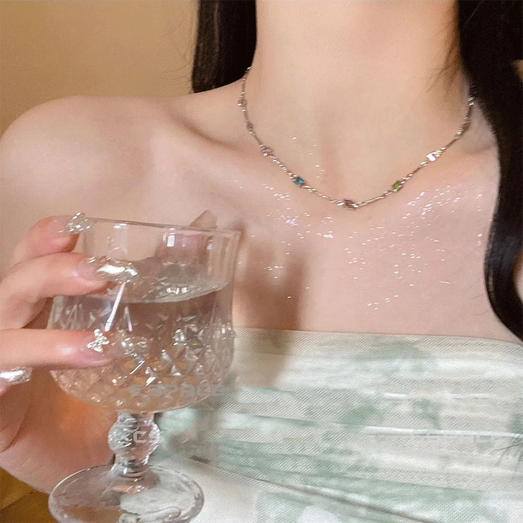 Square colour geometric clavicle chain necklace in gold finish with artificial crystal details
