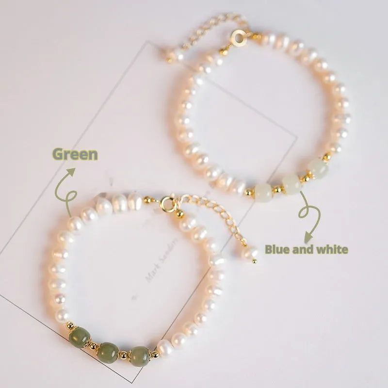 Korean style freshwater pearl bracelet with diamond-shaped beads in Hetian jade green colour.