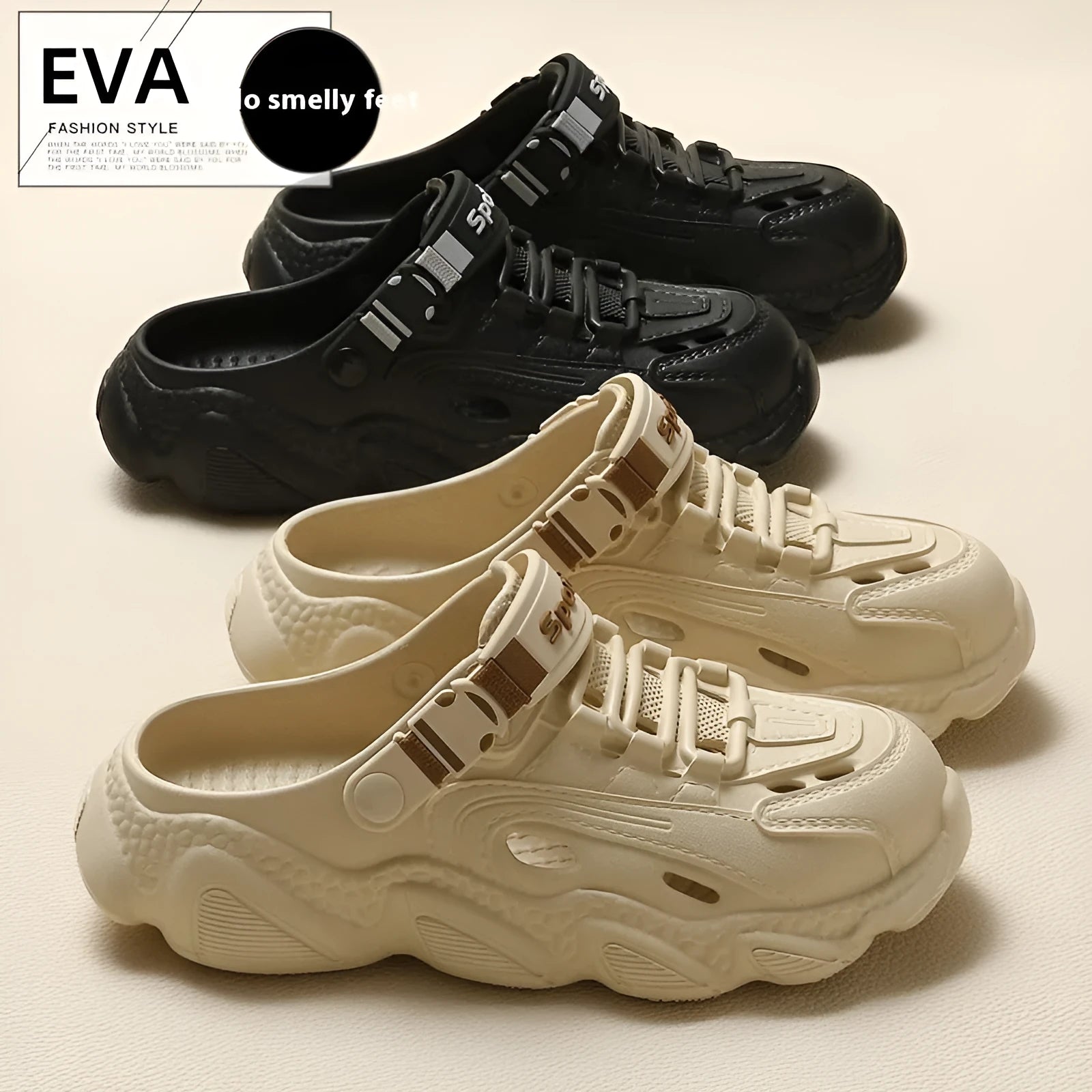 Men's khaki outdoor slippers with a hollow out design and lightweight EVA sole on a wooden deck.