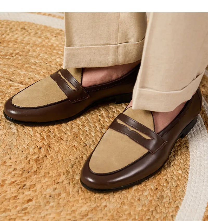 Coffee grey suede leather Belgian loafers with one-foot kick design and rubber sole