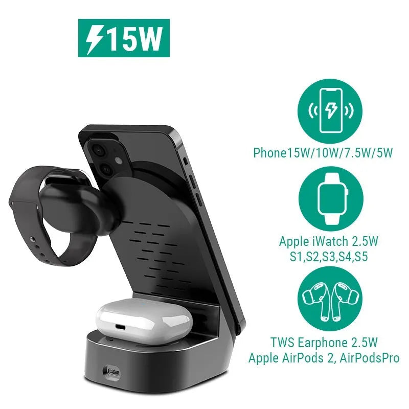 Black grey foldable wireless charging stand holding a mobile phone vertically, with slots for a smartwatch and earbuds case.
