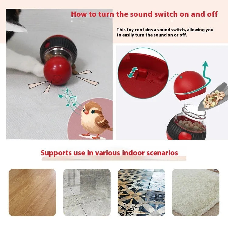 Plastic rotating cat toy with a Super Ball coloured food-dropping component on a white background.