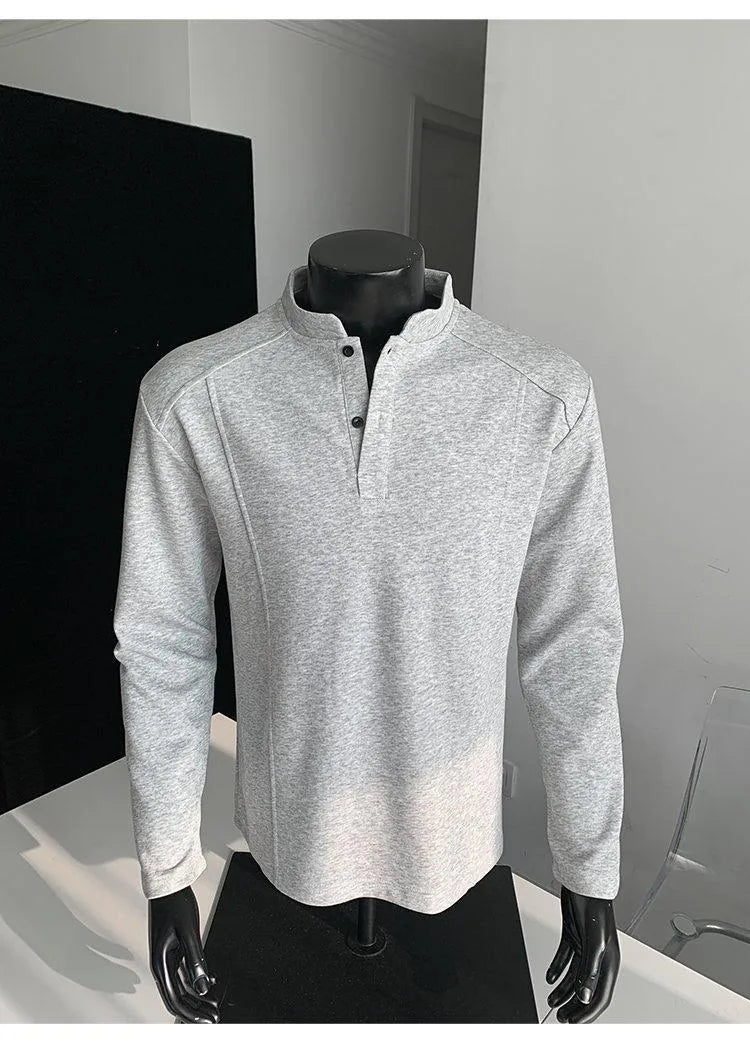 Men's loose-fit polo shirt with an asymmetric patchwork stand-up collar in heather grey