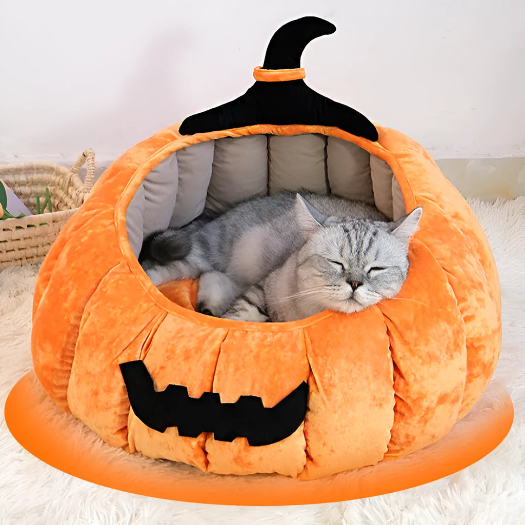 Orange and black pumpkin-shaped pet nest for cats with soft cloth fabric