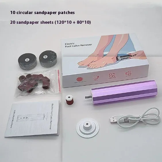 USB rechargeable electric callus remover and nail trimmer set with sandpaper discs on a pink background