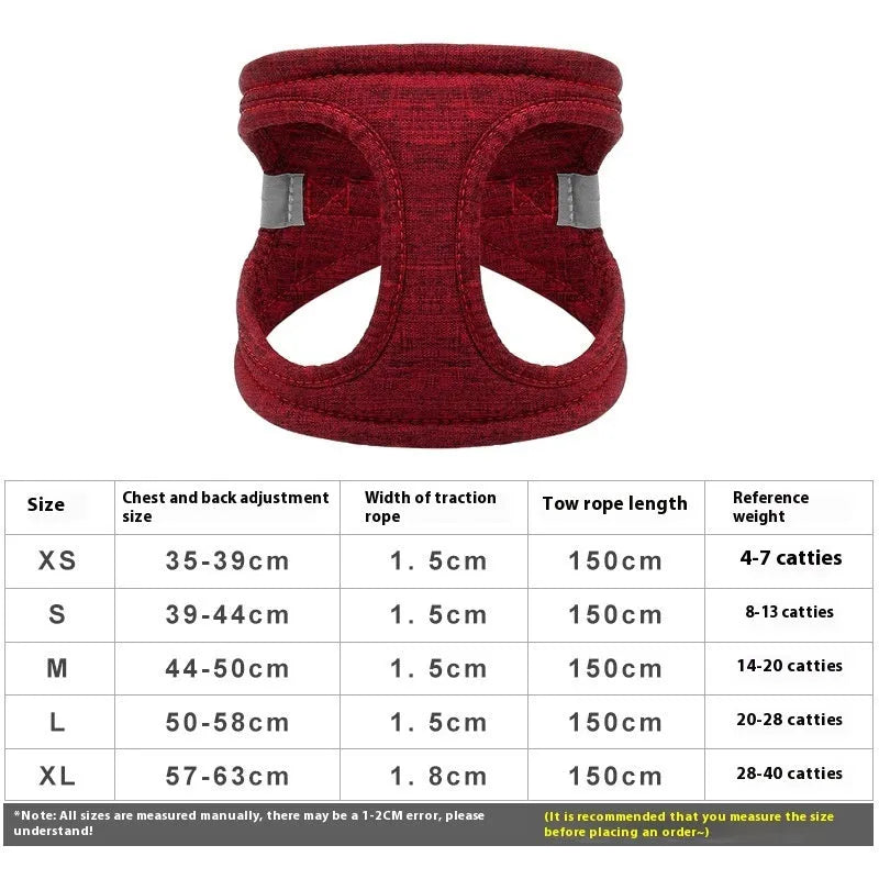 Adjustable rope leash vest style harness for dogs and cats in multiple colours, front view showing chest strap and rope material