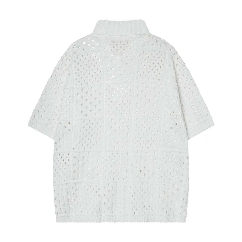 Black and white loose-fit short-sleeved knitting polo shirt with a hollow design for teenagers