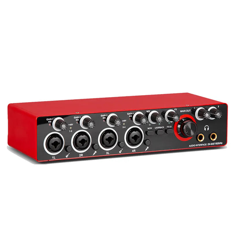 MD44 driver-free external sound card with Cannon and 6.5 interfaces, available in black or red, with connection cables