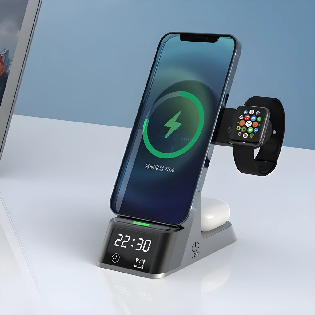 Black six-in-one wireless charging alarm clock with colour display on a nightstand.