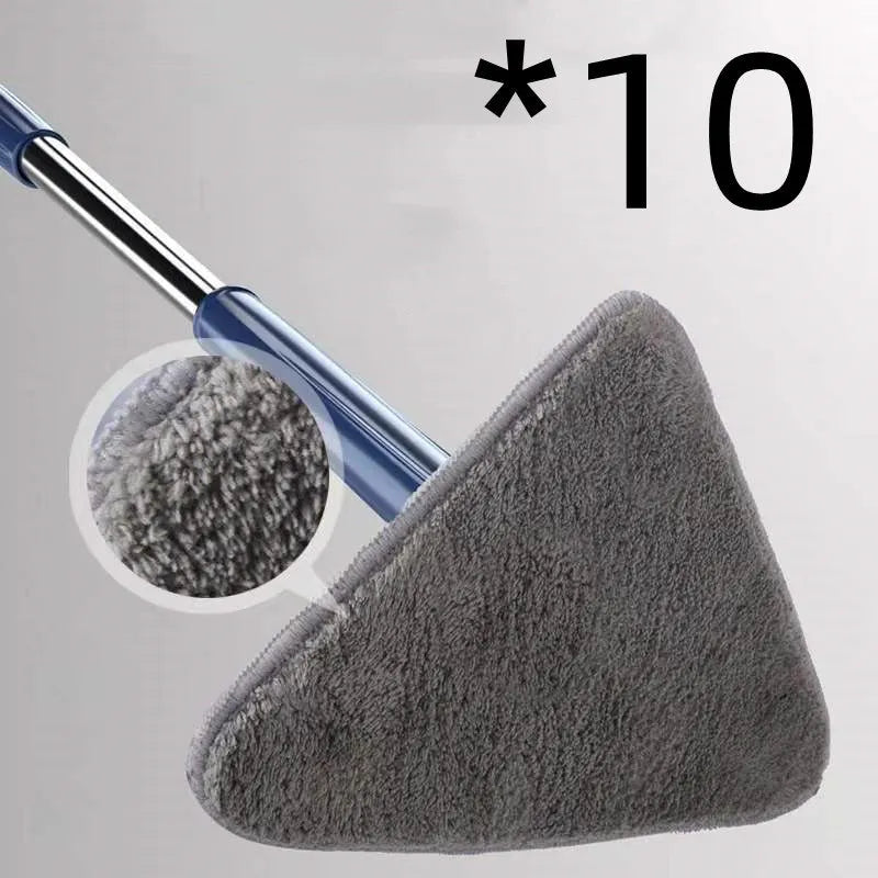 Blue and white extendable triangle cleaning mop with a rotating head on a long stainless steel pole.