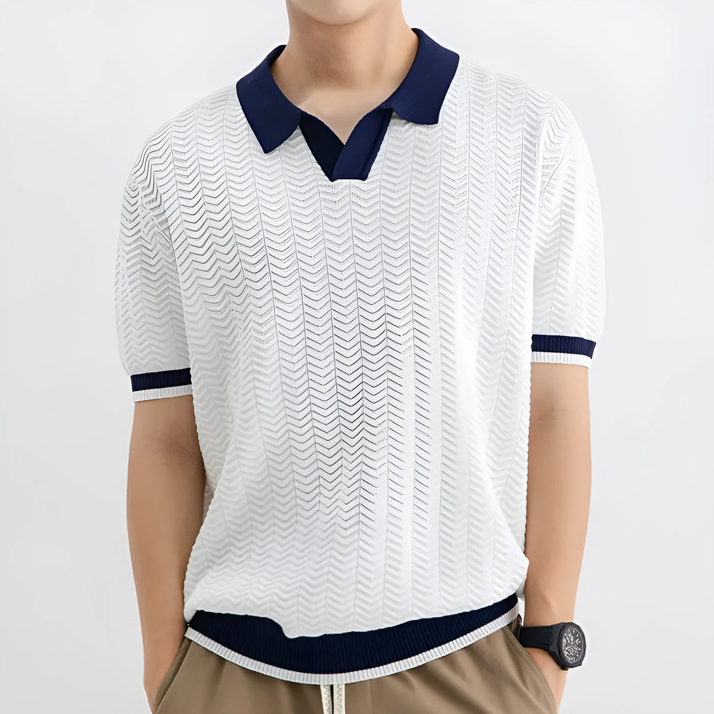 Men's ice silk striped polo shirt, short sleeve, slit detail, dark green camel black white, sizes M-3XL