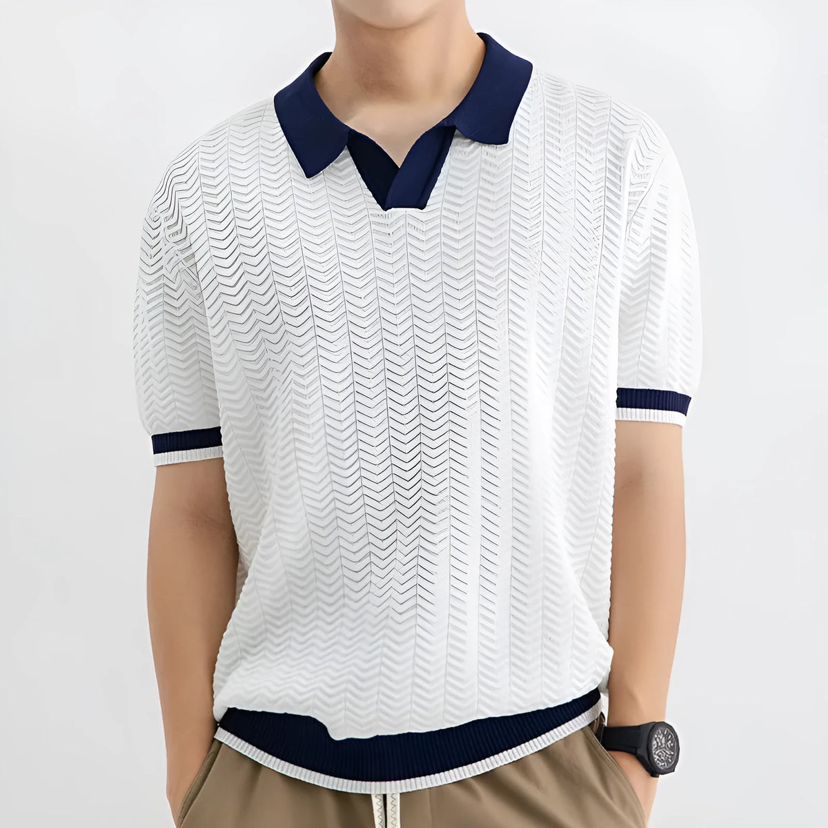 Men's ice silk striped polo shirt, short sleeve, slit detail, dark green camel black white, sizes M-3XL
