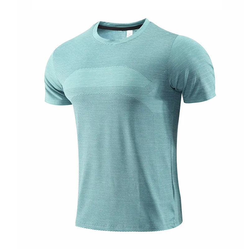 Men's red short-sleeved sports T-shirt made from polyester spandex fabric for running and basketball.