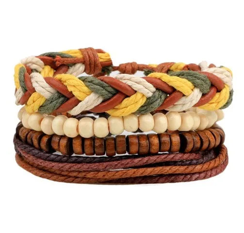 Handmade adjustable leather bead bracelet with multilayer design featuring cowhide leather, wooden beads, and woven ropes