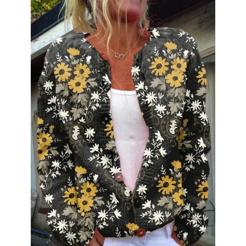 Yellow digital print cardigan coat with 3D pattern effect, shown on a hanger.