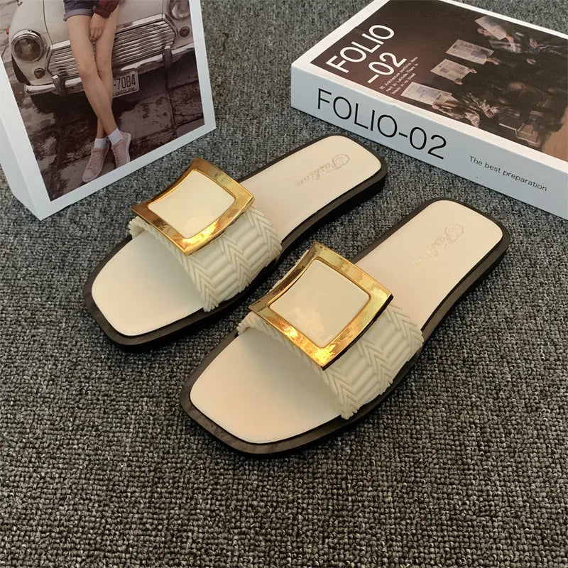 Women's apricot casual flat slippers with a PVC sole, shown on a light background.