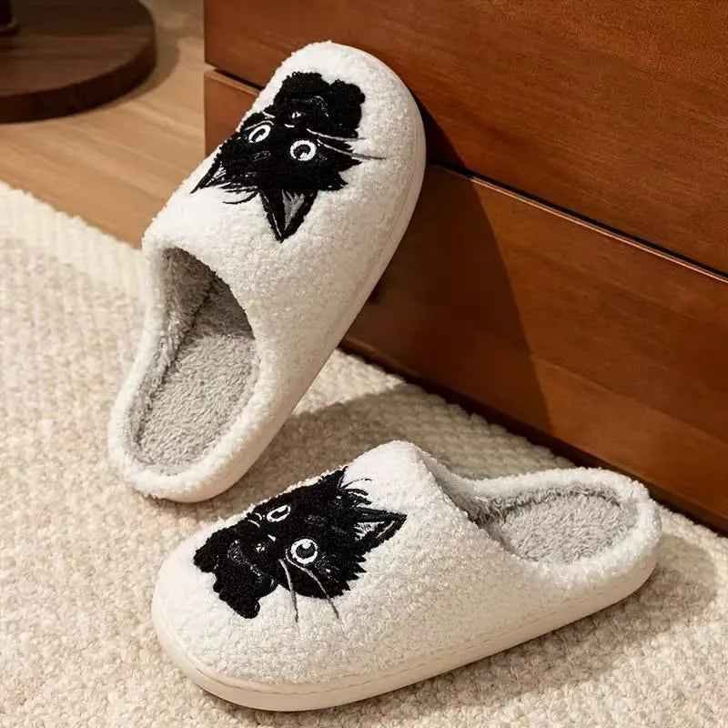 White plush couple slippers with a black beard cat cartoon pattern and a non-slip sole
