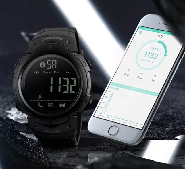 Smart watch with 50mm round dial, resin mirror, ABS case, and PU strap compatible with iPhone and Android phones