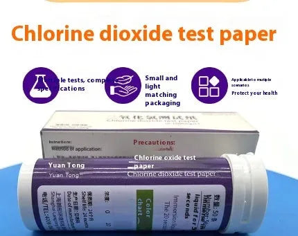Bottle of 50 chlorine dioxide test strips for waste water detection, range 0-1000mg/L.