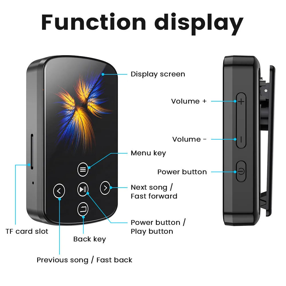 Black Bluetooth music player with 1.5-inch touch screen and buttons, 60x35x18mm