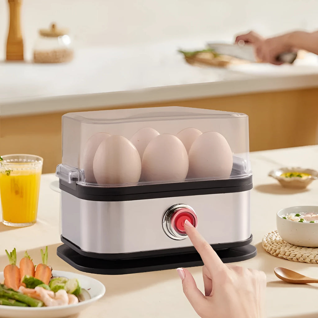 Black stainless steel portable egg boiler with carrying belt for travel cooking