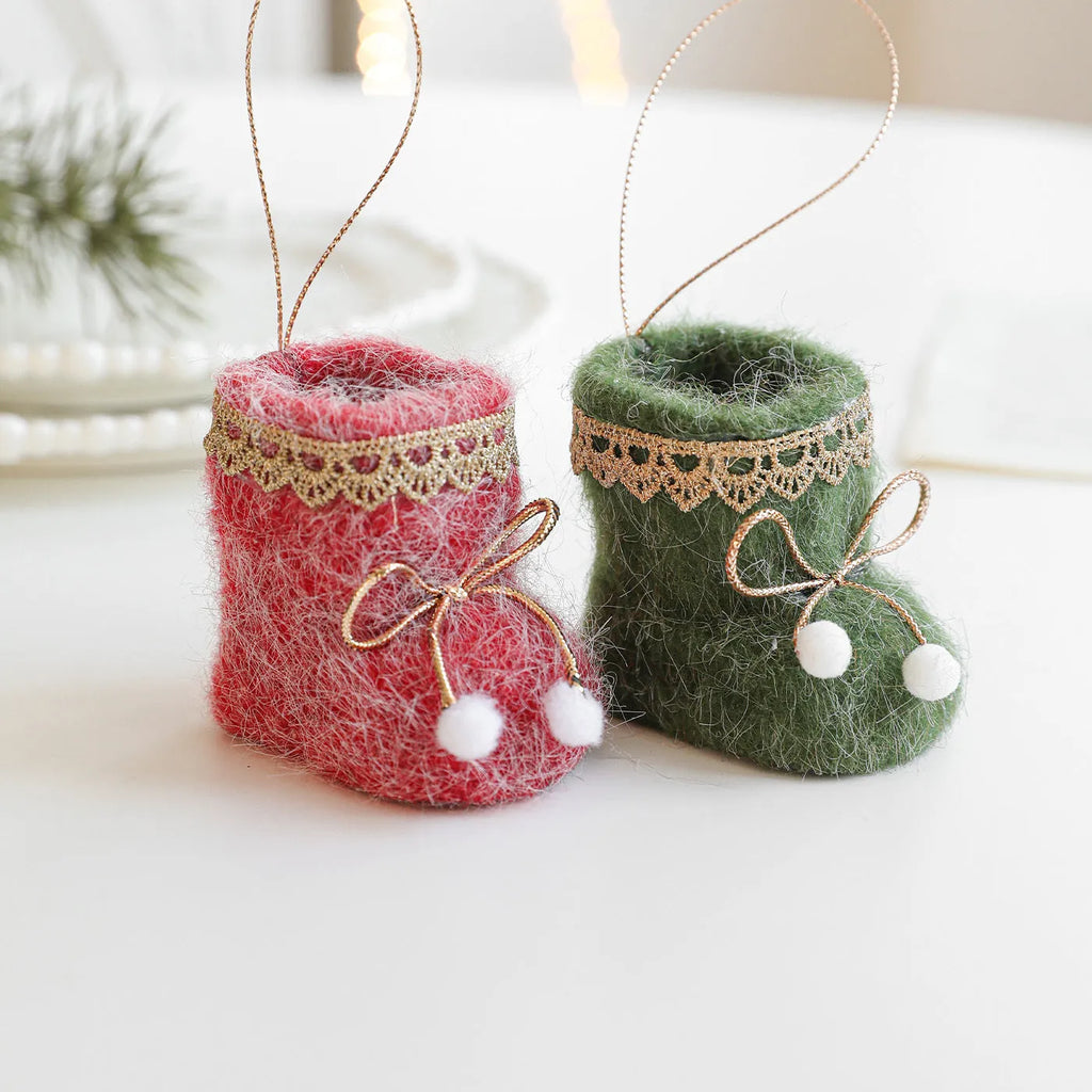 Plush Christmas tree ornament in red or green boot or glove shape, plastic and plush hanging decoration