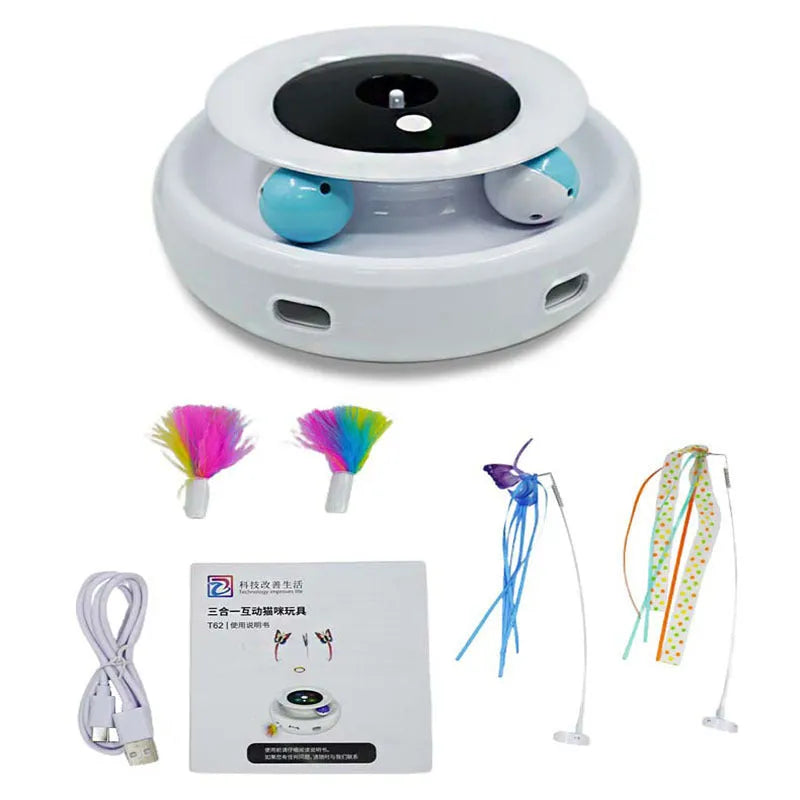 Plastic electric turntable cat toy for self-hi indoor play, shown in a colour option such as pink or white