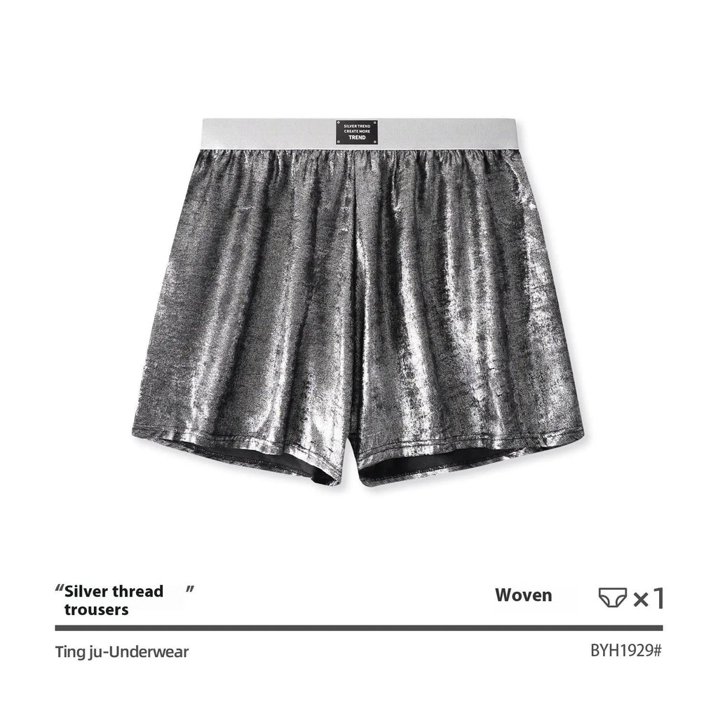 Men's Galaxy Reflective Bright Silver woven polyester underwear in mid-waist loose fit showing four colour options