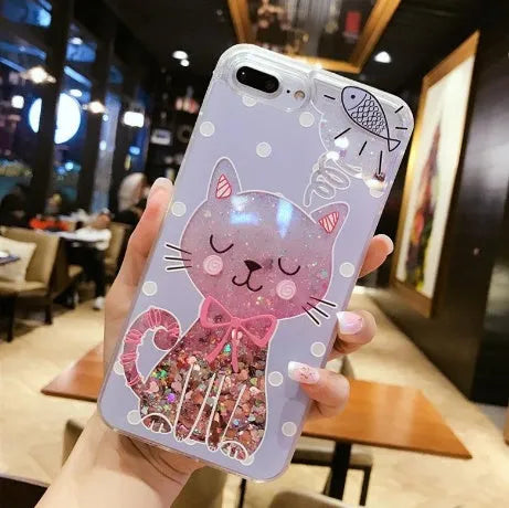 Pack of four glittery cat-themed protective phone cases for iPhone models 6 through X.