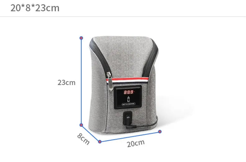 Grey Oxford cloth portable car USB baby bottle warmer with display, shown with two bottles and a 12V car charger.