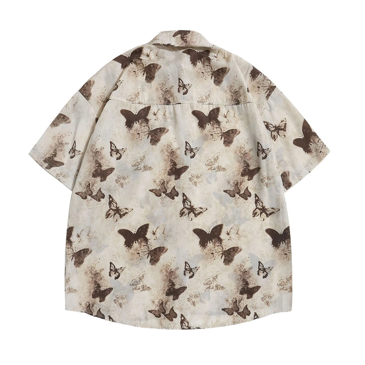 Loose half sleeve top with butterfly pattern in gray or khaki, polyester, sizes M L XL