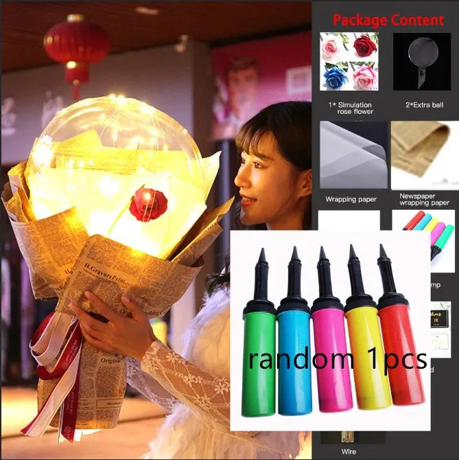 DIY LED luminous balloon rose bouquet set with transparent Bobo balls and LED lights on artificial flowers