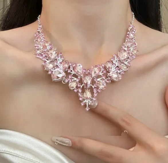 Pink rhinestone flower drop pendant necklace on an electroplated alloy ball bead chain, 31-40cm perimeter