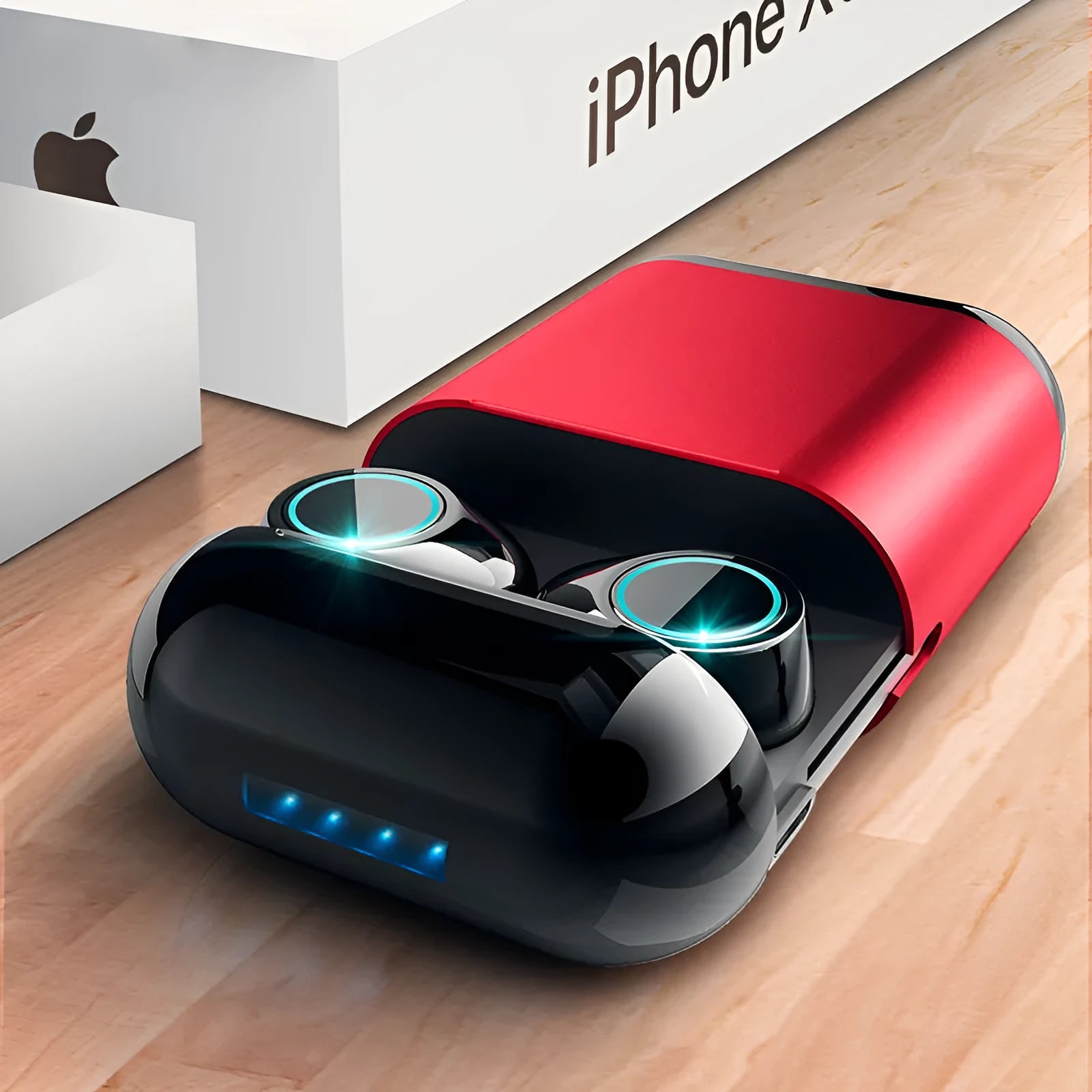 Black TWS Bluetooth wireless earphones with charging case showing wireless connection between earpieces