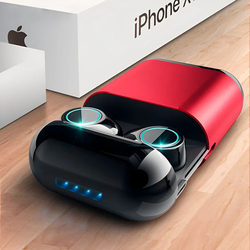 Black TWS Bluetooth wireless earphones with charging case showing wireless connection between earpieces