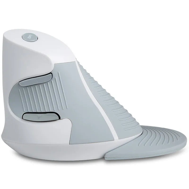 Black M618 wireless vertical ergonomic mouse on a desk, showing its 57-degree angled design and contoured right-hand shape.