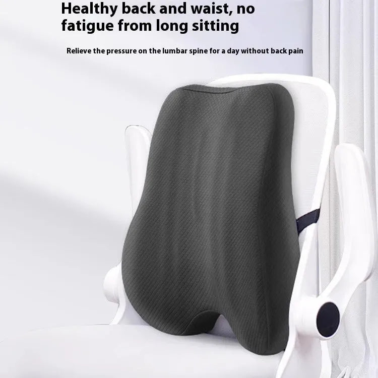 Grey lumbar support cushion for office chair measuring 40cm by 40cm by 8cm thick.