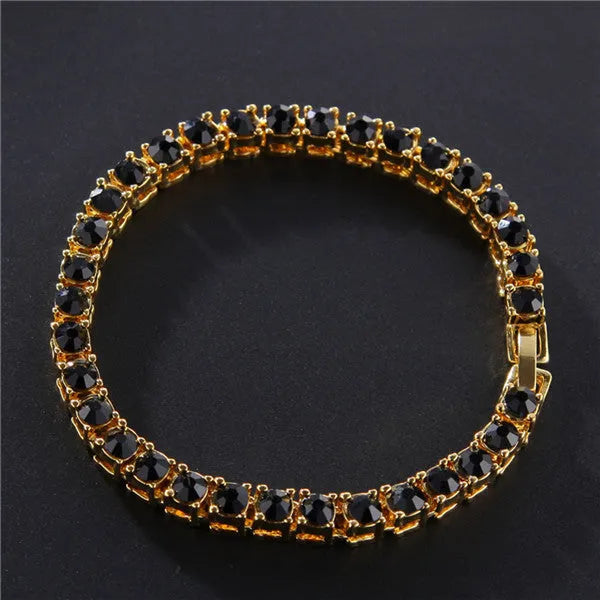 Men's silver geometric link chain hip hop bracelet with a row of clear rhinestones.